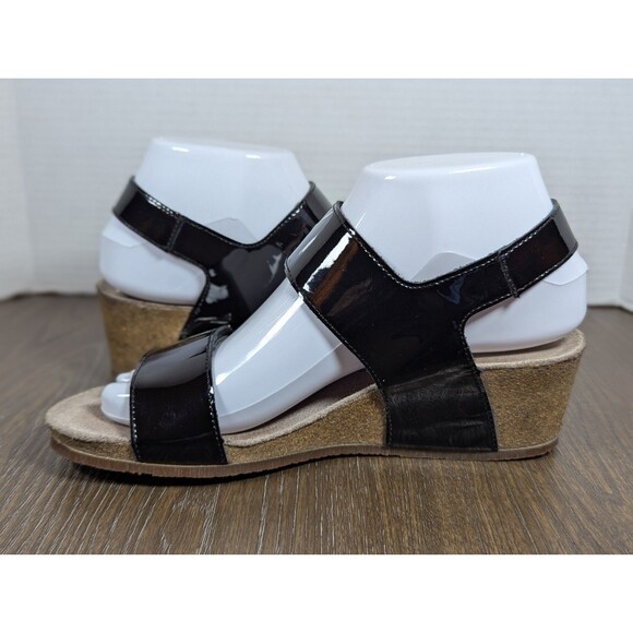 MEPHISTO Patent Leather Strap Sandals US 6.5-7 EU 37 Black Wedges Buckle Logo - Picture 8 of 14